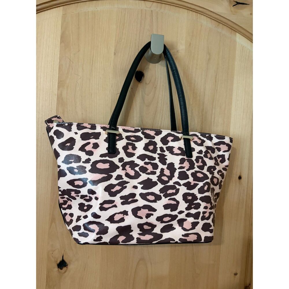 Kate Spade Pink & Black Leopard Print Saffiano Leather Zip Top Tote Bag EUC